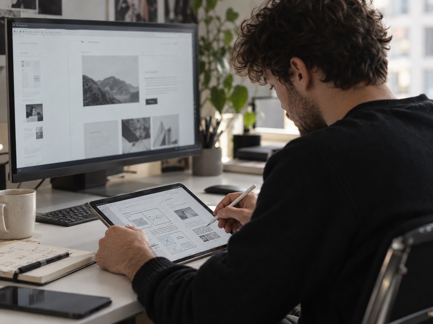 Designer sketching website wireframes on a tablet beside a monitor