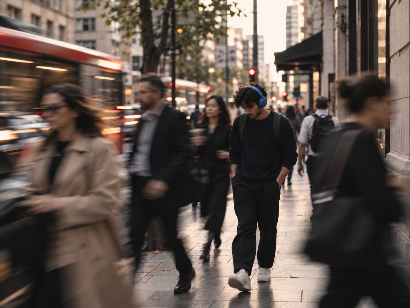 Person in headphones standing still in a rushing city crowd