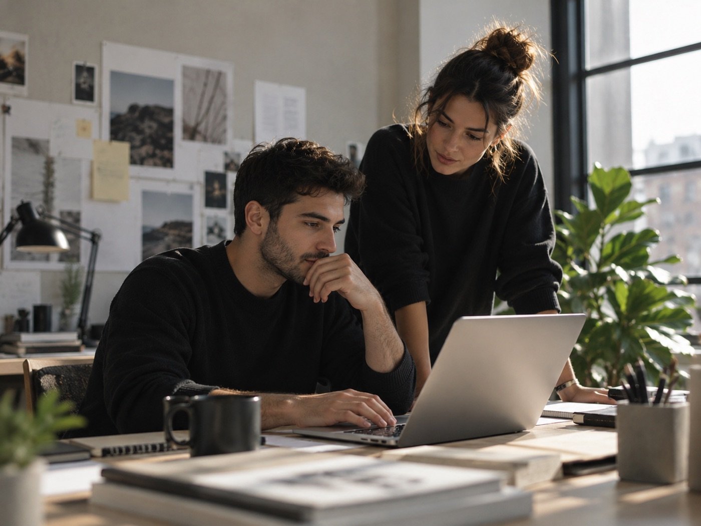 Two colleagues working through a plan at a laptop in a bright studio