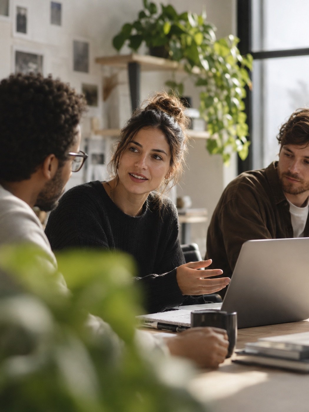 Colleagues in conversation in a plant-filled workspace